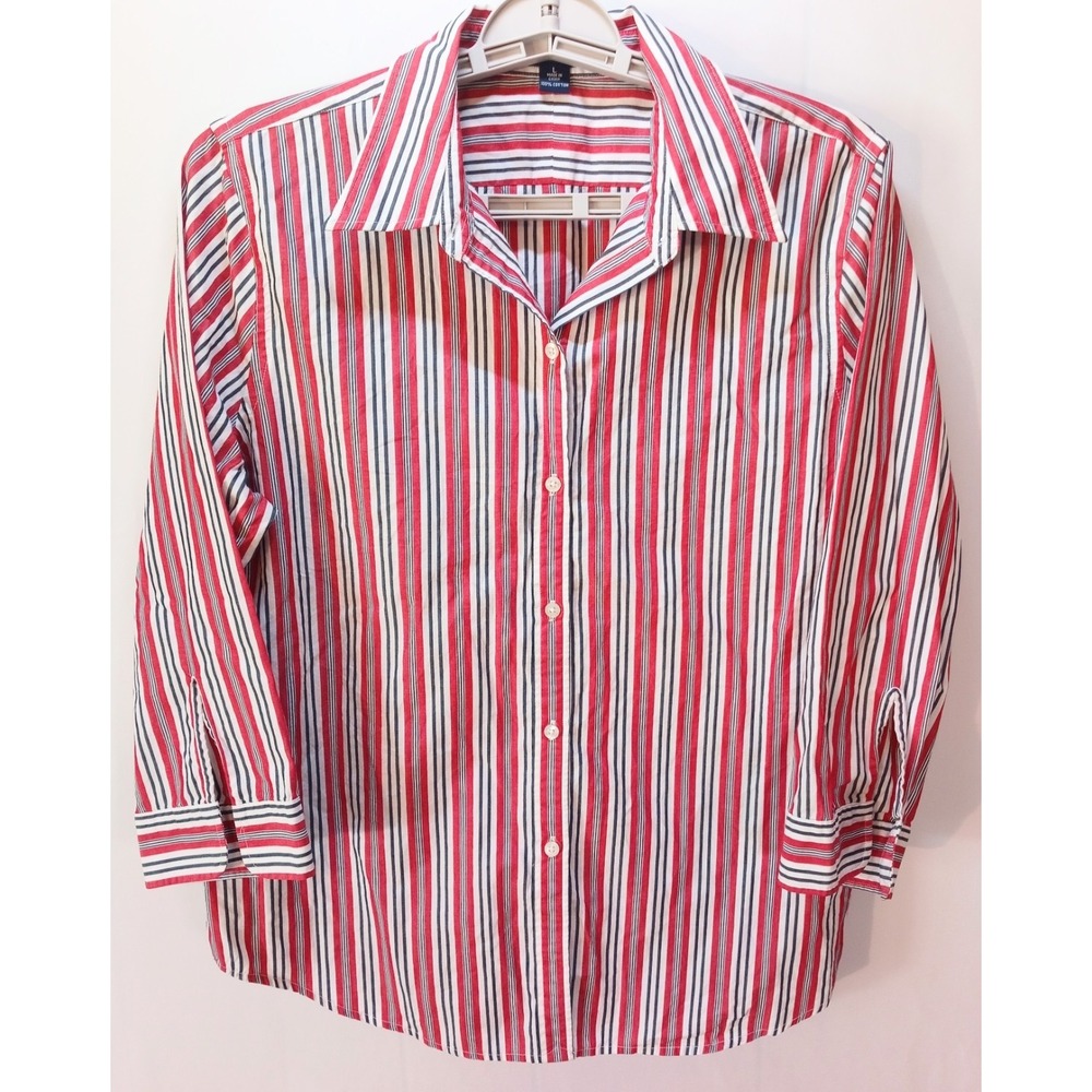 Chaps Long Sleeve No Button Cuff Women's Shirt Top Large, Red Blue White Striped